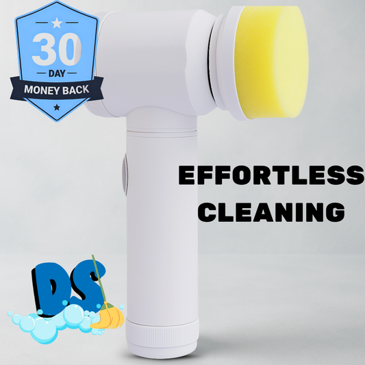 White cleaning tool with yellow end, '30 Day Money Back' badge, and 'Effortless Cleaning' text on a light gray background.