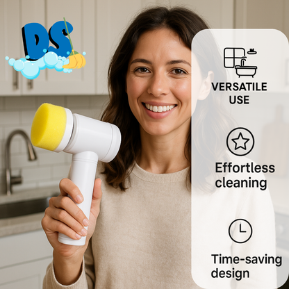 Woman holding a cleaning device with text highlighting its features in a kitchen setting