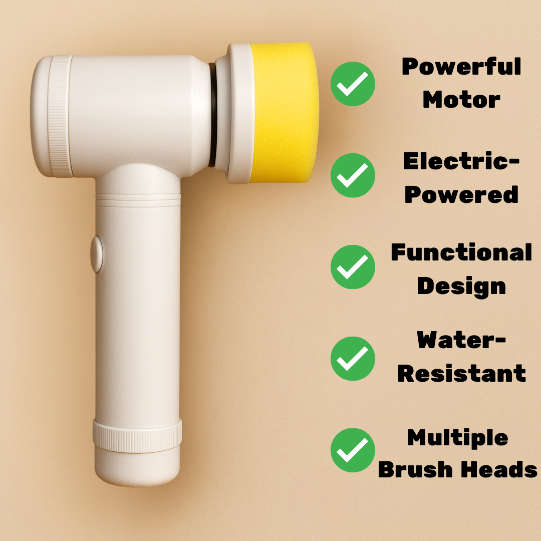 White and yellow electric handheld device with green checkmarks and feature text on a beige background