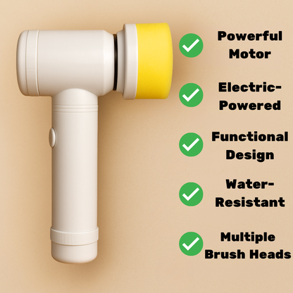 White and yellow electric handheld device with green checkmarks and feature text on a beige background